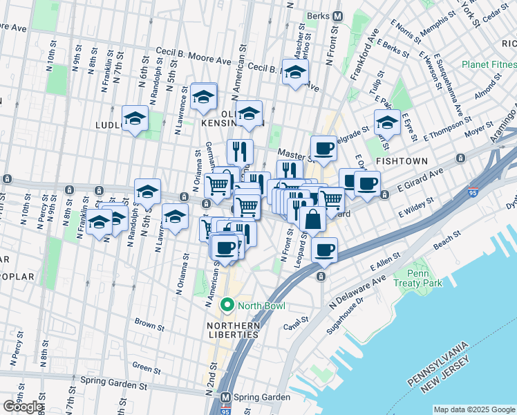 map of restaurants, bars, coffee shops, grocery stores, and more near 161 West Girard Avenue in Philadelphia