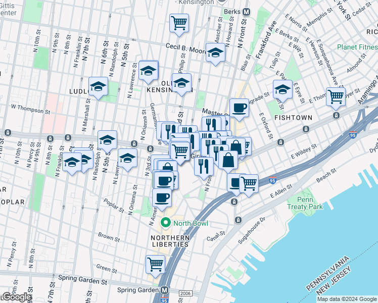 map of restaurants, bars, coffee shops, grocery stores, and more near 161 West Girard Avenue in Philadelphia