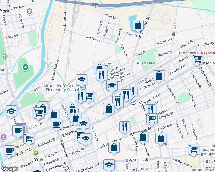 map of restaurants, bars, coffee shops, grocery stores, and more near 124 Ridge Avenue in York