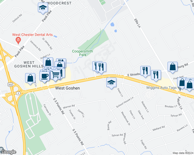 map of restaurants, bars, coffee shops, grocery stores, and more near 1140 West Chester Pike in West Chester