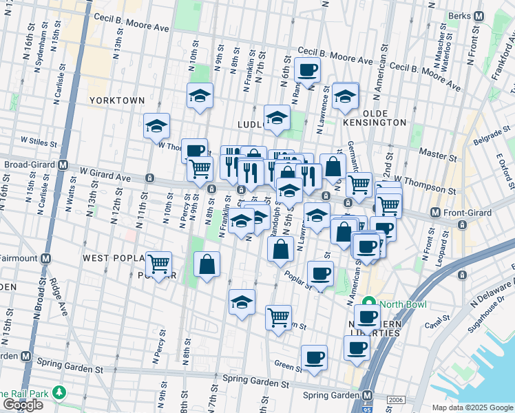 map of restaurants, bars, coffee shops, grocery stores, and more near 989 North Marshall Street in Philadelphia