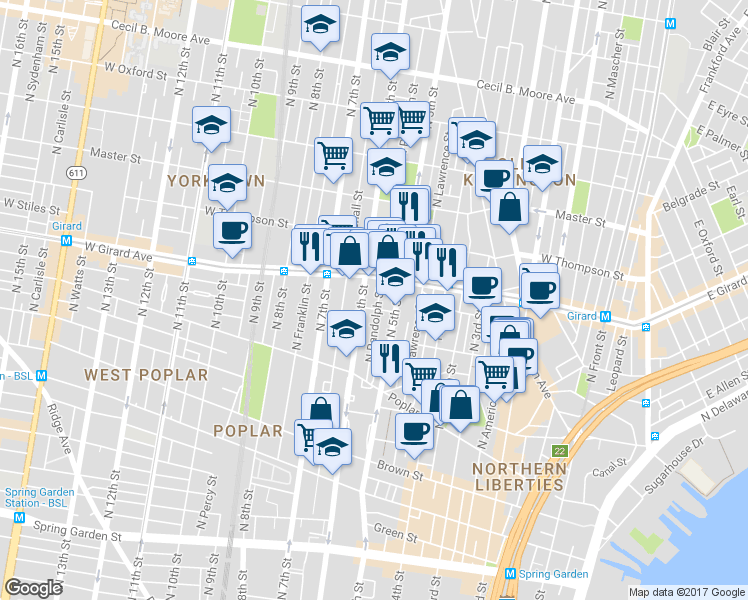 map of restaurants, bars, coffee shops, grocery stores, and more near 1004 North Randolph Street in Philadelphia