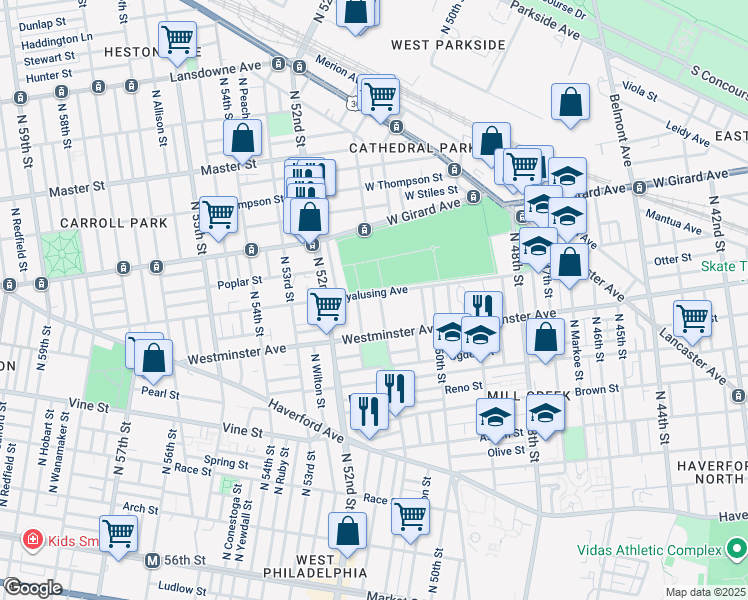 map of restaurants, bars, coffee shops, grocery stores, and more near 5104 Wyalusing Avenue in Philadelphia
