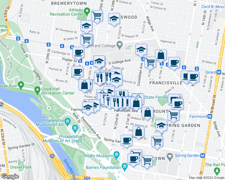 map of restaurants, bars, coffee shops, grocery stores, and more near 792 North Croskey Street in Philadelphia