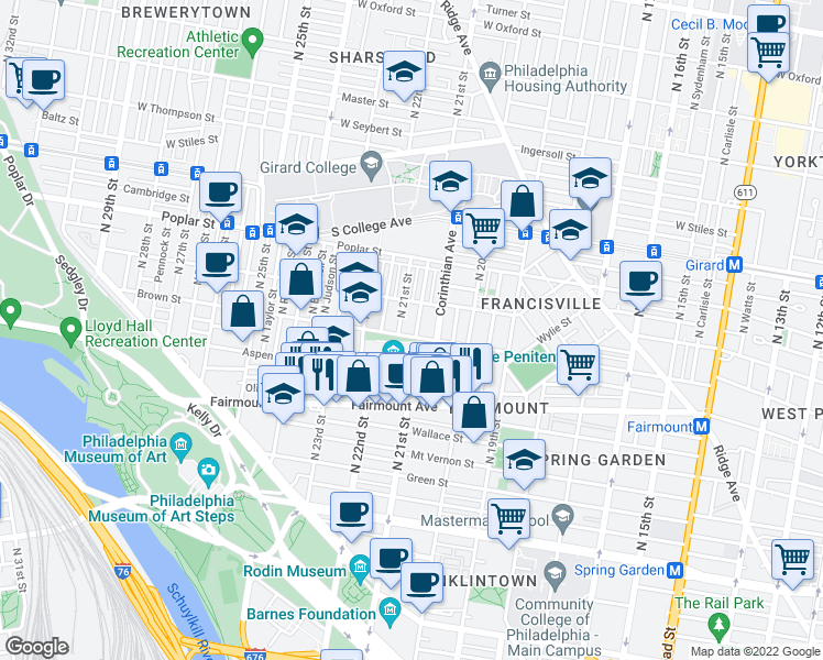 map of restaurants, bars, coffee shops, grocery stores, and more near 804 North Woodstock Street in Philadelphia