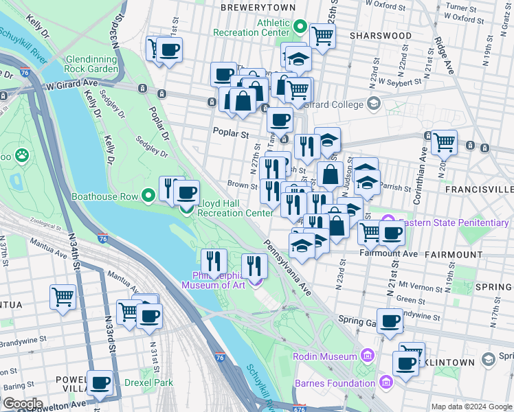 map of restaurants, bars, coffee shops, grocery stores, and more near 764 North Taney Street in Philadelphia