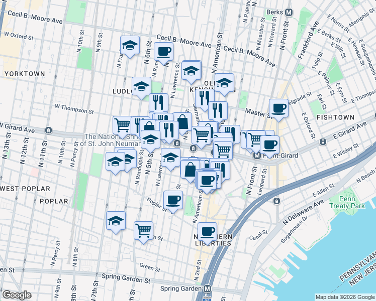map of restaurants, bars, coffee shops, grocery stores, and more near 1140 North Orianna Street in Philadelphia