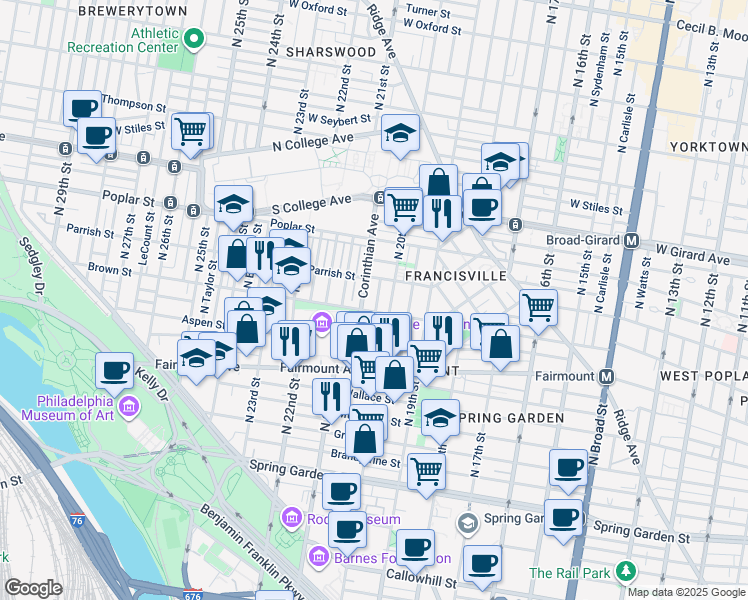 map of restaurants, bars, coffee shops, grocery stores, and more near 810 North Capitol Street in Philadelphia