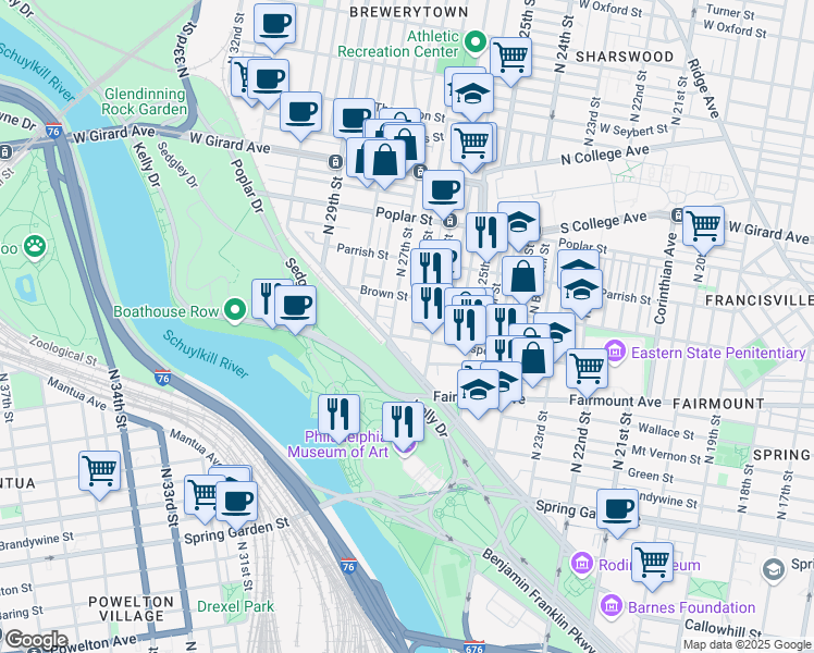 map of restaurants, bars, coffee shops, grocery stores, and more near 764 North Taney Street in Philadelphia
