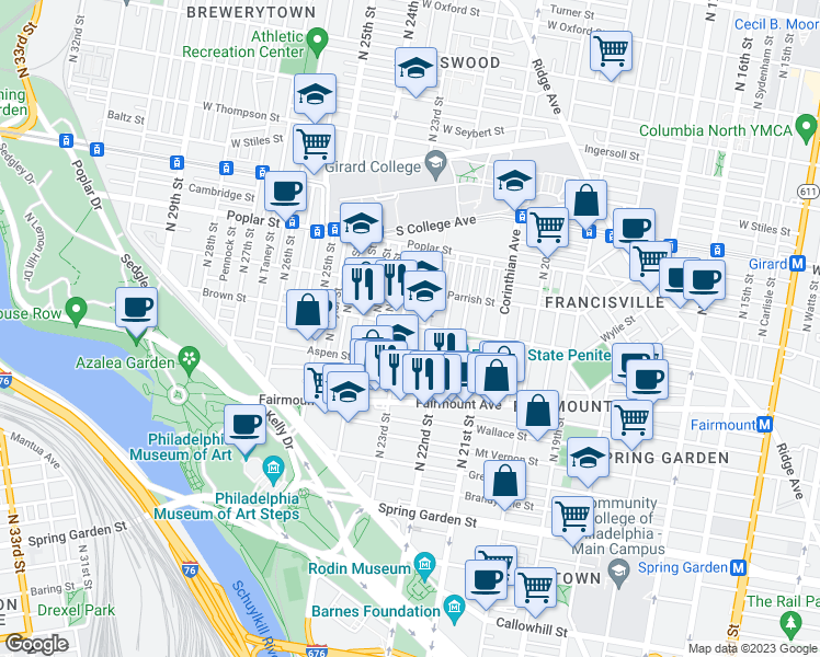 map of restaurants, bars, coffee shops, grocery stores, and more near 792 North Croskey Street in Philadelphia