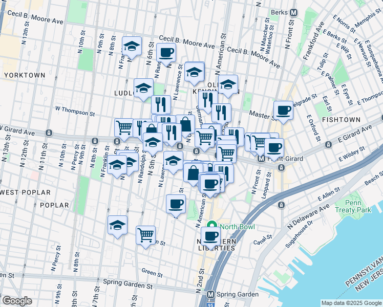 map of restaurants, bars, coffee shops, grocery stores, and more near 1140 North Orianna Street in Philadelphia