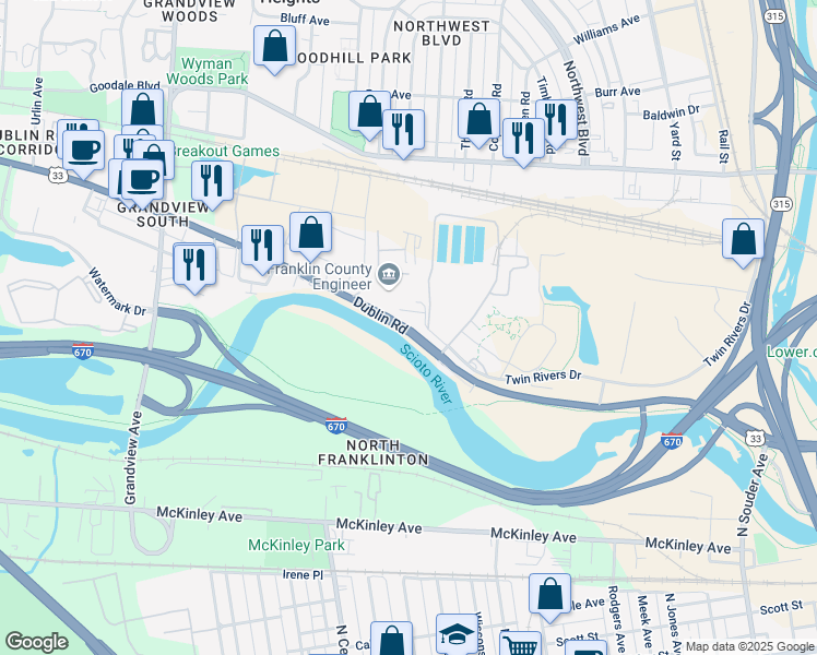 map of restaurants, bars, coffee shops, grocery stores, and more near 940 Dublin Road in Columbus