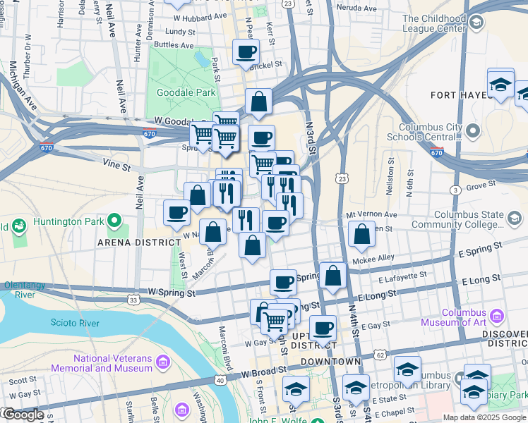 map of restaurants, bars, coffee shops, grocery stores, and more near 348 North High Street in Columbus