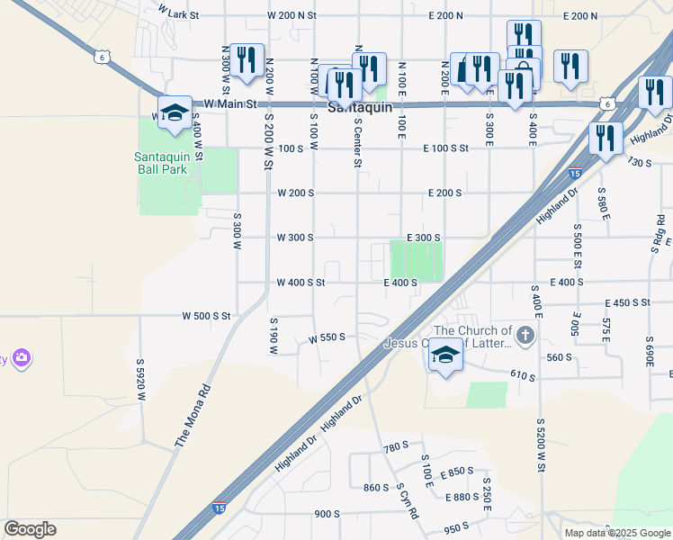 map of restaurants, bars, coffee shops, grocery stores, and more near 50 West 400 South Street in Santaquin
