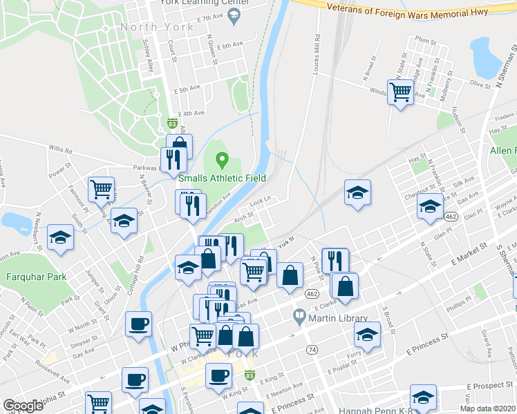 map of restaurants, bars, coffee shops, grocery stores, and more near 403 North Queen Street in York