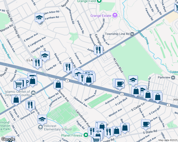 map of restaurants, bars, coffee shops, grocery stores, and more near 17 North Kirklyn Avenue in Delaware County