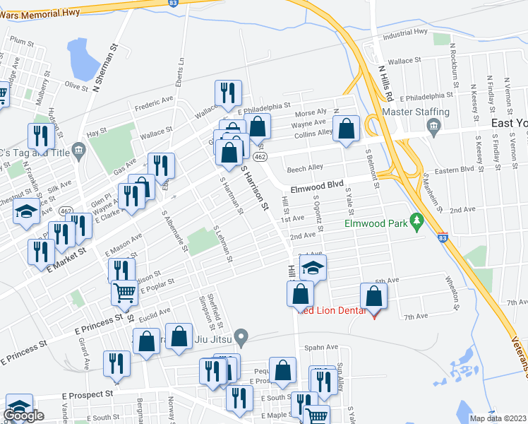 map of restaurants, bars, coffee shops, grocery stores, and more near 168 South Harrison Street in York