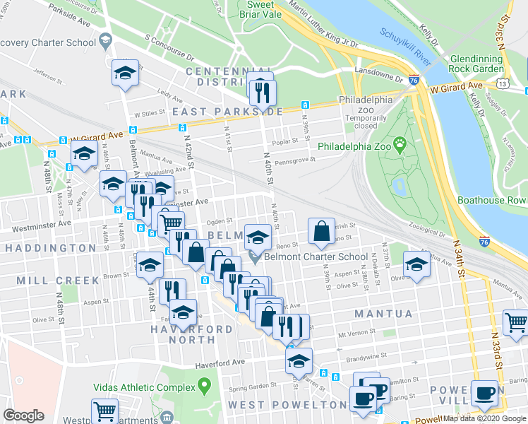 map of restaurants, bars, coffee shops, grocery stores, and more near 4017 Ogden Street in Philadelphia
