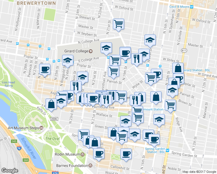 map of restaurants, bars, coffee shops, grocery stores, and more near 811 North Capitol Street in Philadelphia