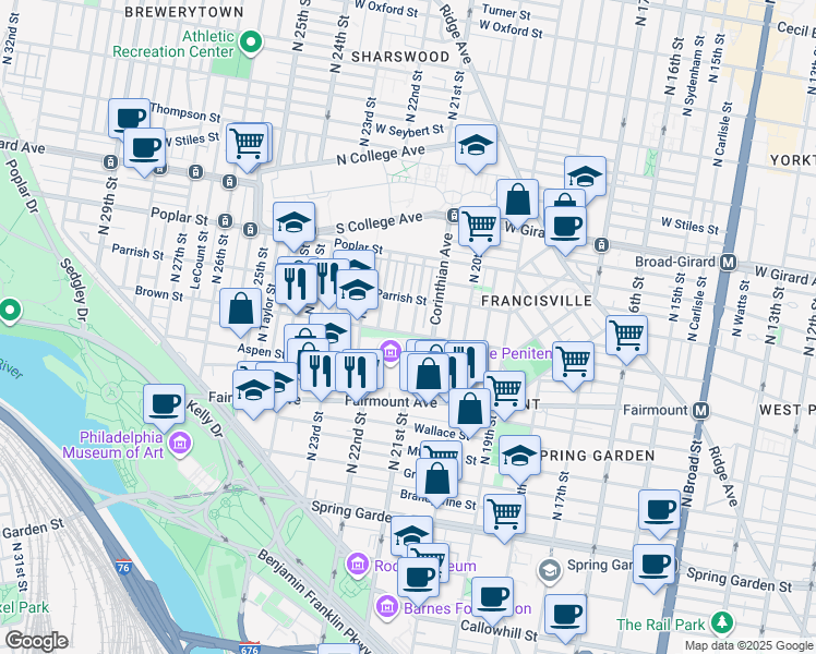 map of restaurants, bars, coffee shops, grocery stores, and more near 804 North Woodstock Street in Philadelphia