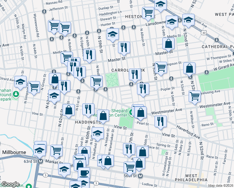map of restaurants, bars, coffee shops, grocery stores, and more near 516 North 58th Street in Philadelphia