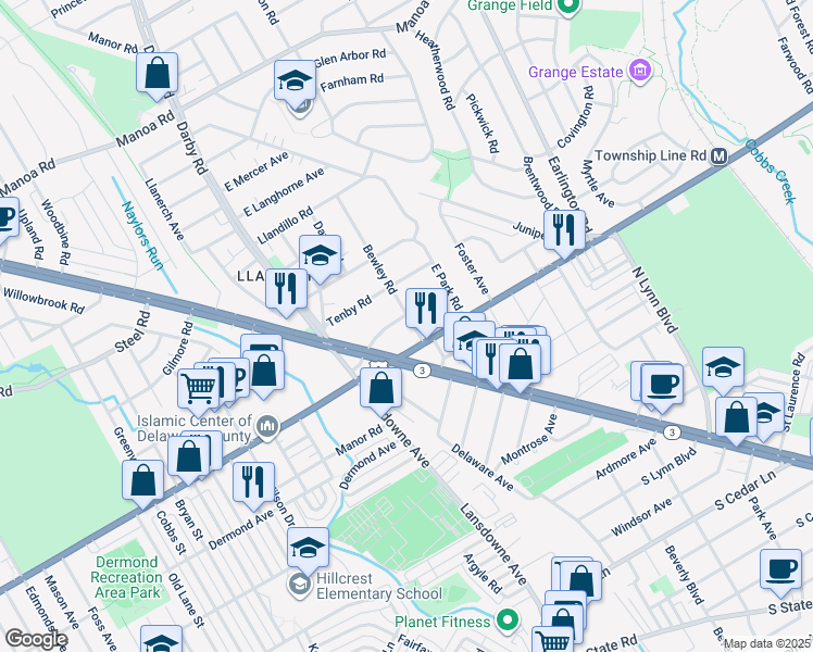 map of restaurants, bars, coffee shops, grocery stores, and more near 19 Llandaff Road in Havertown