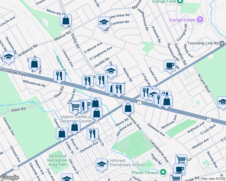 map of restaurants, bars, coffee shops, grocery stores, and more near 205 Lansdowne Road in Havertown