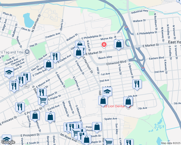 map of restaurants, bars, coffee shops, grocery stores, and more near 168 South Harrison Street in York