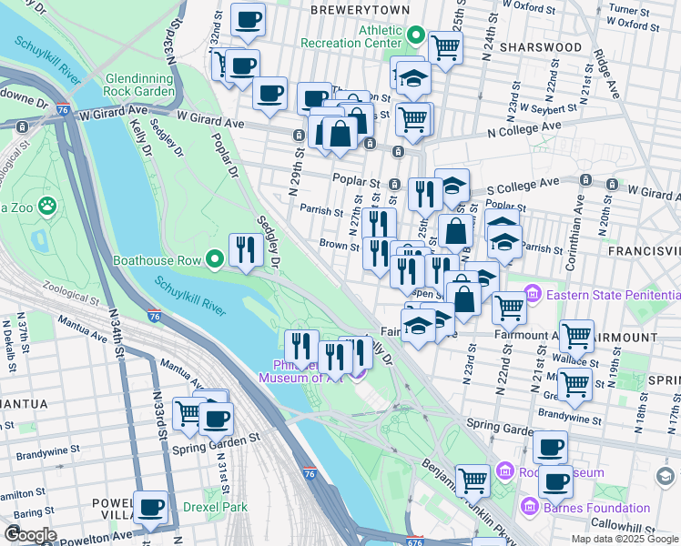 map of restaurants, bars, coffee shops, grocery stores, and more near 2701 Pennsylvania Avenue in Philadelphia