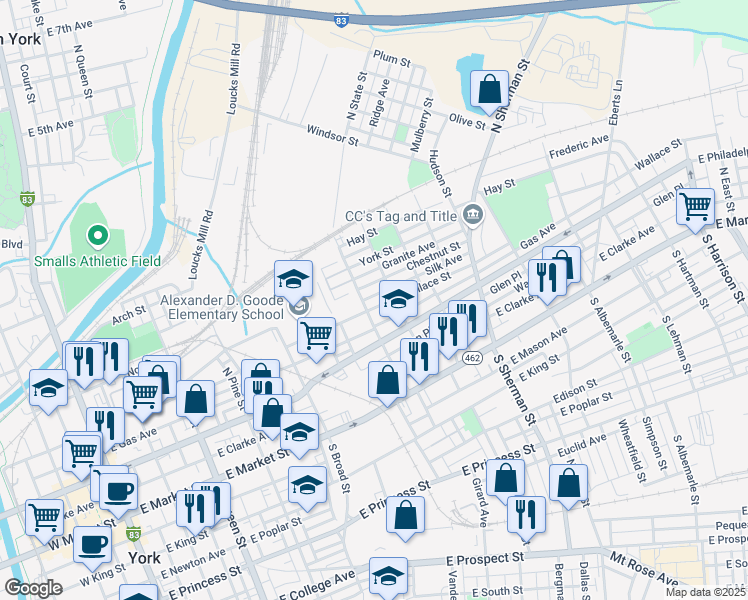 map of restaurants, bars, coffee shops, grocery stores, and more near 609 Wallace Street in York