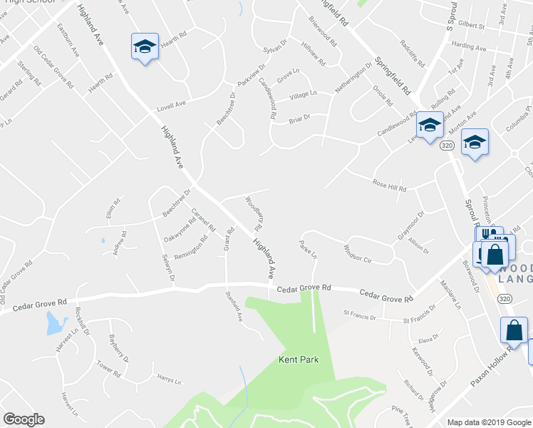 map of restaurants, bars, coffee shops, grocery stores, and more near 2611 Woodberry Road in Broomall