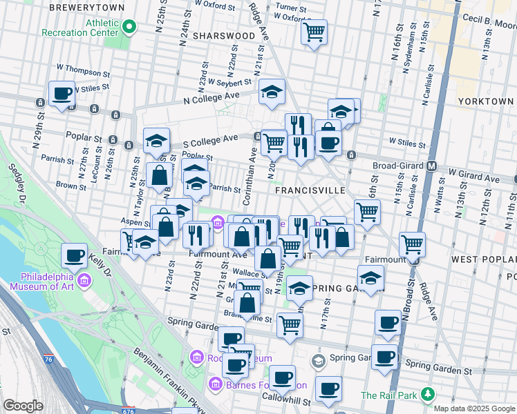 map of restaurants, bars, coffee shops, grocery stores, and more near 811 North Capitol Street in Philadelphia