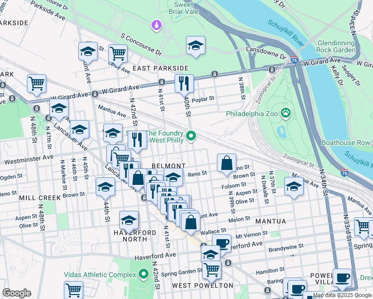 map of restaurants, bars, coffee shops, grocery stores, and more near 4017 Ogden Street in Philadelphia