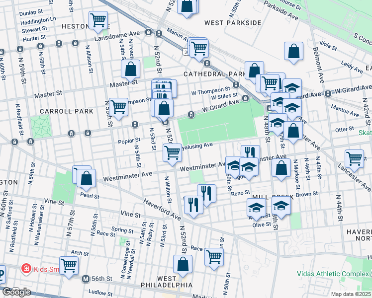map of restaurants, bars, coffee shops, grocery stores, and more near 560 North Paxon Street in Philadelphia