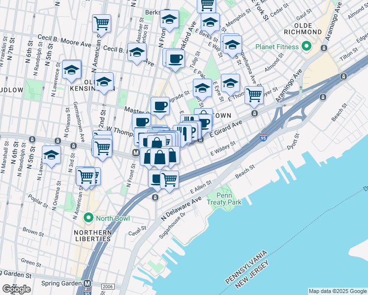 map of restaurants, bars, coffee shops, grocery stores, and more near 260 East Girard Avenue in Philadelphia