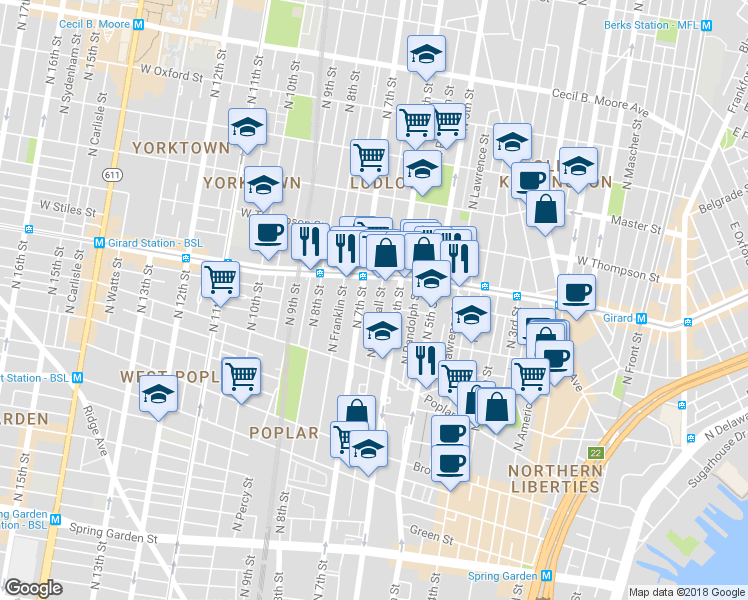 map of restaurants, bars, coffee shops, grocery stores, and more near 996 North Marshall Street in Philadelphia