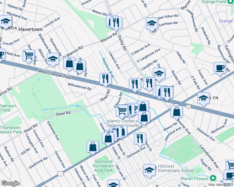 map of restaurants, bars, coffee shops, grocery stores, and more near 411 Olympic Avenue in Havertown