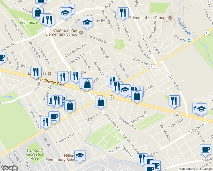 map of restaurants, bars, coffee shops, grocery stores, and more near 19 Llandaff Road in Havertown