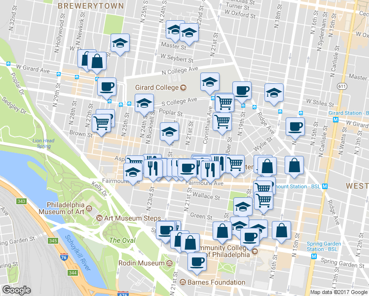 map of restaurants, bars, coffee shops, grocery stores, and more near 802 North 21st Street in Philadelphia