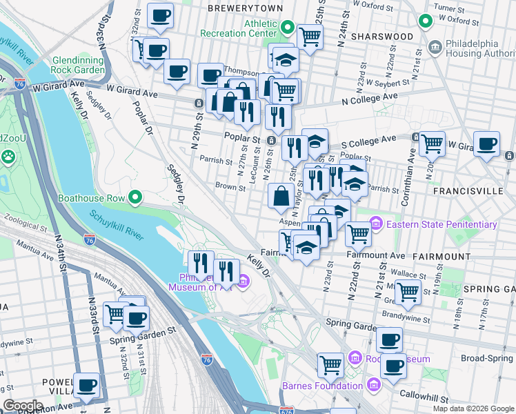 map of restaurants, bars, coffee shops, grocery stores, and more near 2601 Pennsylvania Avenue in Philadelphia