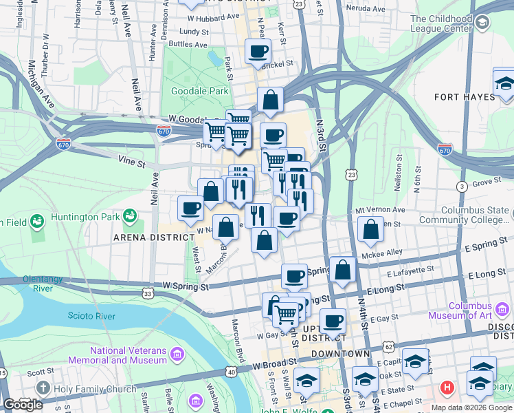 map of restaurants, bars, coffee shops, grocery stores, and more near 3 West Nationwide Boulevard in Columbus