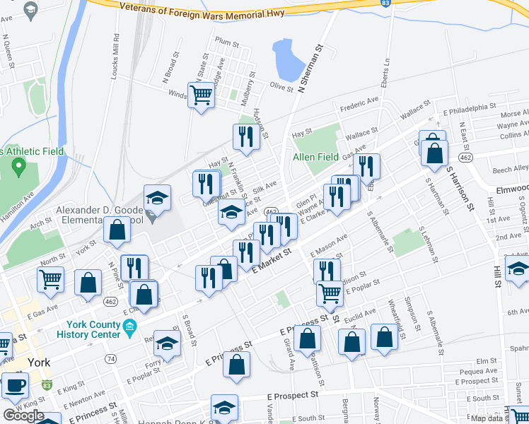 map of restaurants, bars, coffee shops, grocery stores, and more near 701 East Philadelphia Street in York