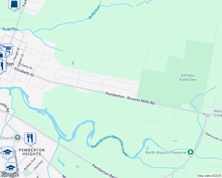 map of restaurants, bars, coffee shops, grocery stores, and more near 834 Pemberton Browns Mills Road in Pemberton