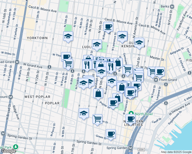 map of restaurants, bars, coffee shops, grocery stores, and more near 1006 North Randolph Street in Philadelphia