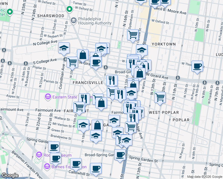 map of restaurants, bars, coffee shops, grocery stores, and more near 1530-32 Parrish Street in Philadelphia
