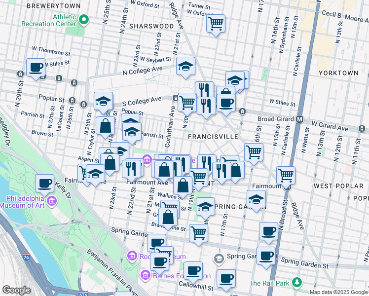 map of restaurants, bars, coffee shops, grocery stores, and more near 815 North 20th Street in Philadelphia