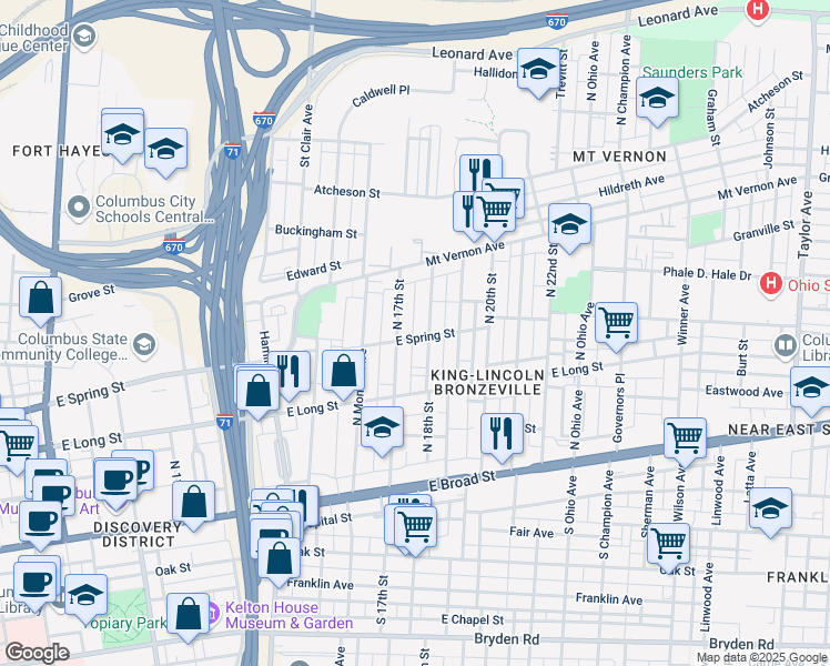 map of restaurants, bars, coffee shops, grocery stores, and more near 180 North 17th Street in Columbus