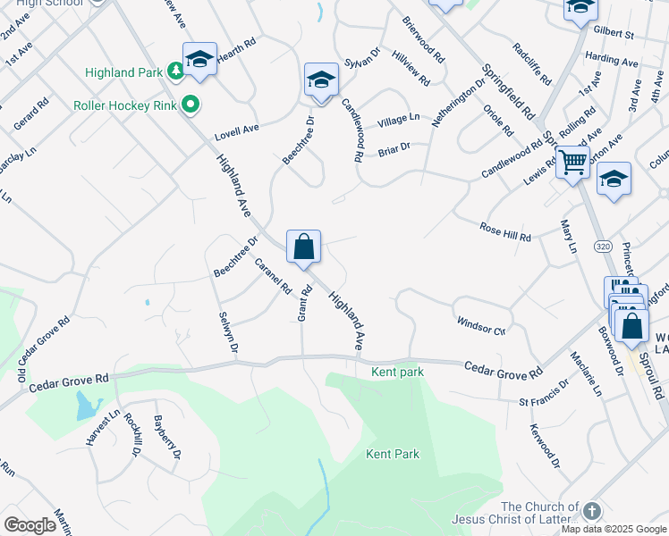map of restaurants, bars, coffee shops, grocery stores, and more near 2614 Woodberry Road in Broomall