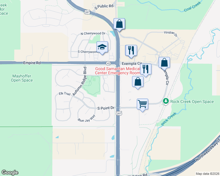 map of restaurants, bars, coffee shops, grocery stores, and more near 2851 Whitetail Circle in Lafayette