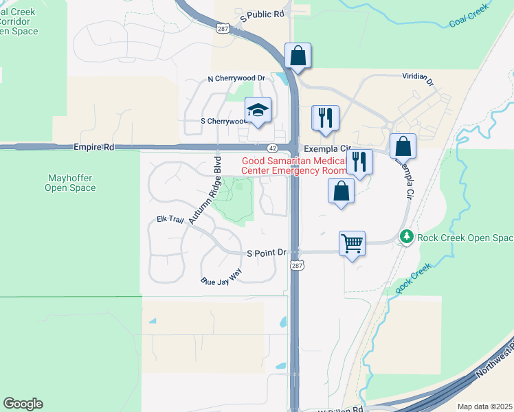 map of restaurants, bars, coffee shops, grocery stores, and more near 2831 Whitetail Circle in Lafayette
